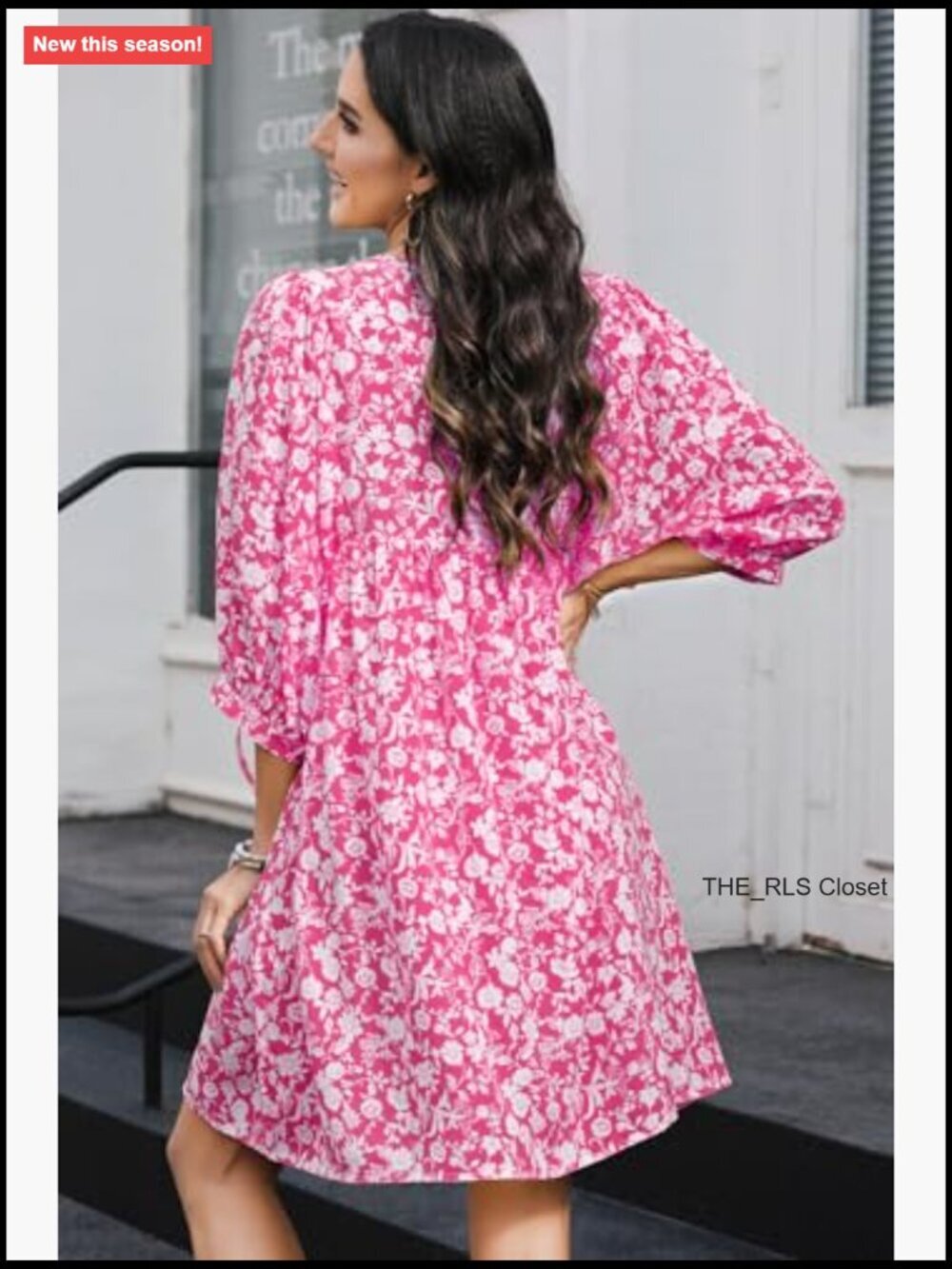 Chiffon Boho Floral Drawstring V-Neck Mini Dress with Lantern Sleeves - Picture 4 of 7